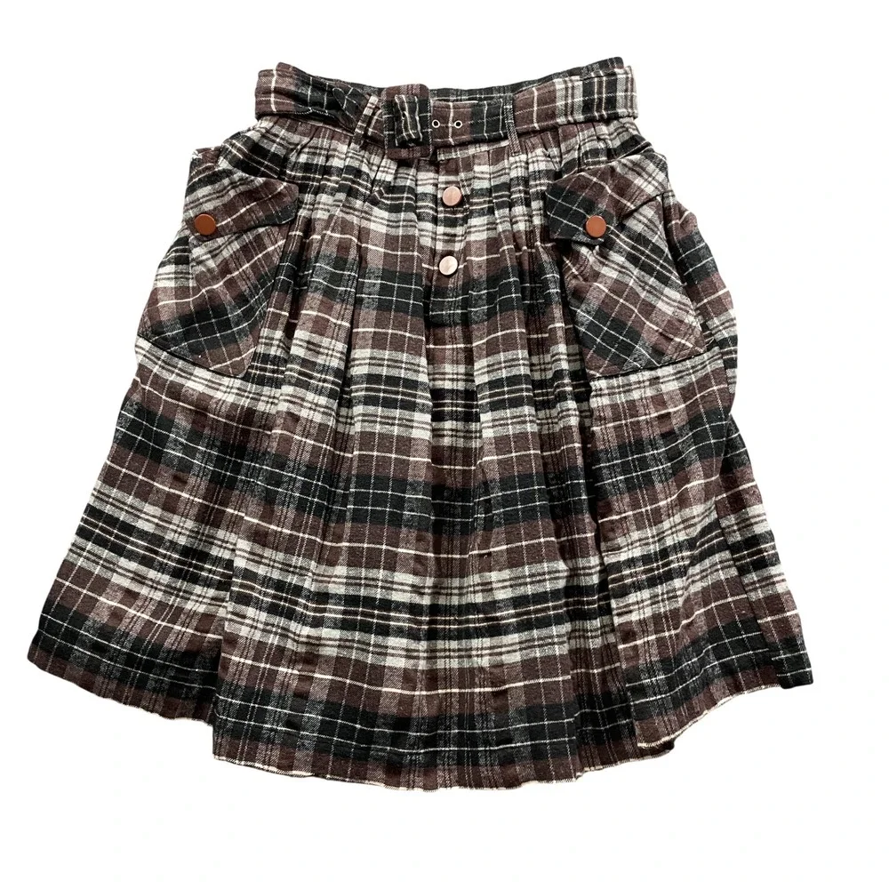 Bettie Page Brown XL Belted Plaid Skirt Pleated Flannel Cotton Blend Lined‎